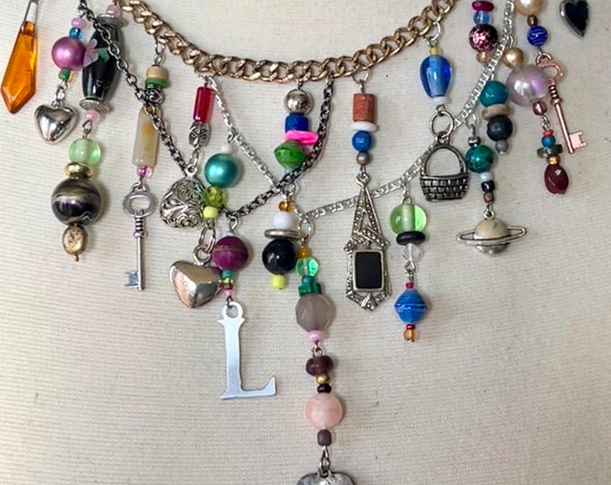 Victorian-Steampunk Cluttercore Statement Necklace Unique Upcycled Maximalist Multi-Charm Choker Necklace Repurposed Eco-Friendly Design