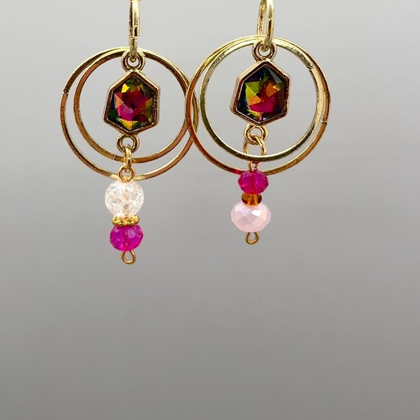 Iridescent Hot Pink and Gold Glitzy Double-Circle Dangles, Circle in Circle Statement Earrings, Hot Pink and Multi-Ring Upcycled Dangles