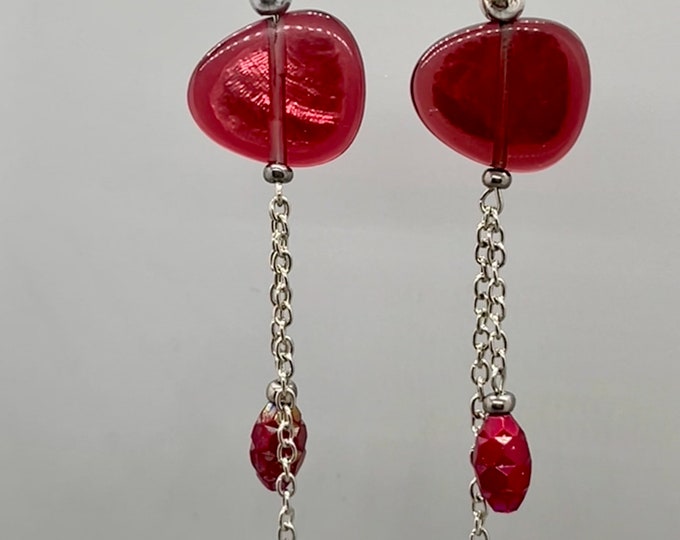 Women’s Unique Dangles, Glass Bead and Chain Dangles, Gorgeous Holiday Dangles, Long Cranberry-Colored Dangles, Cheap Handmade Earrings