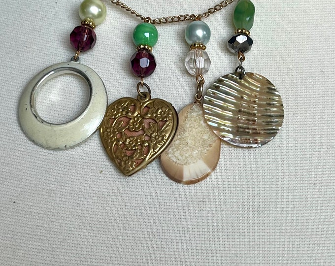 Handmade Statement Junk Jewelry Necklace Upcycled Charms Unique Repurposed One-of-a-Kind Romantic Victorian Steampunk Shabby-Chic Style