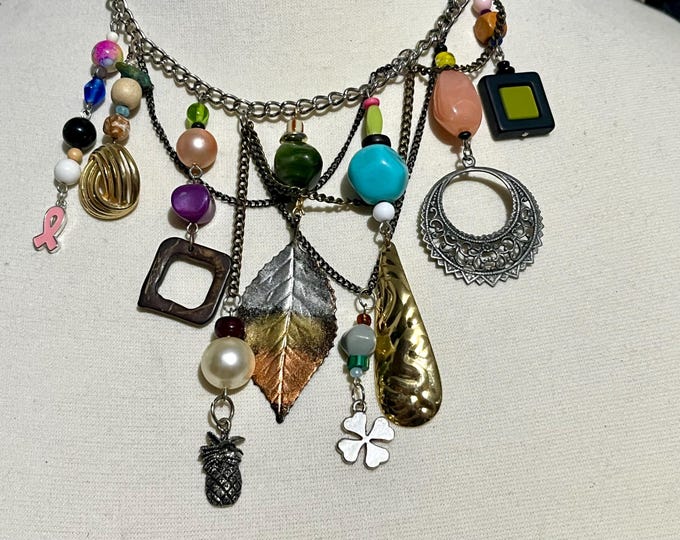 Women’s Clutter Core Maximalist Multi-Charm Statement Necklace, Assemblage Necklace, Trinket Charm Choker, Unique Upcycled Eclectic Necklace