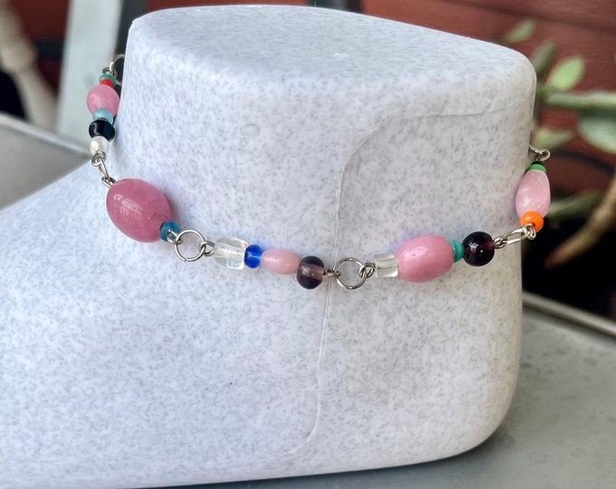Handmade Pink Ankle Bracelet for Her, Multi-Styling Anklet, Cheap Summer Jewelry, Multicolored Beaded Jewelry, Shabby Chic Anklet