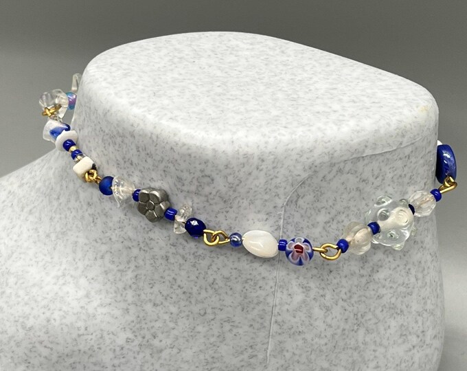 Blue White and Gold Anklet, Simple Monochrome Ankle Bracelet, Minimalist Anklet, Subtle Ankle Bling, Mixed Medium Vacation Jewelry