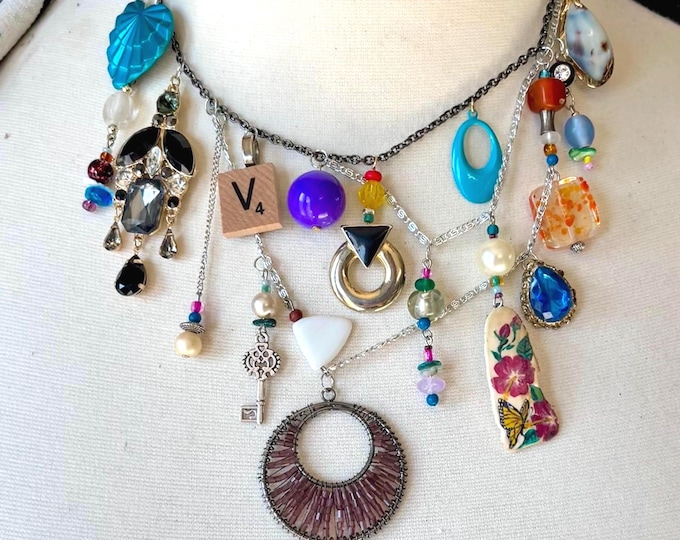 Handmade Victorian Steampunk Assemblage Unique Repurposed Charm Necklace Junk Jewelry Statement Choker Trendsetting Upcycled Clutter Core
