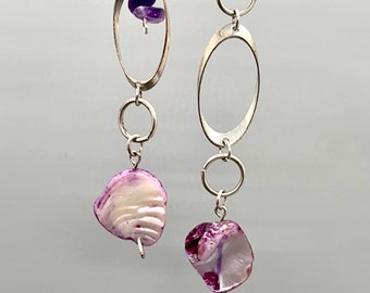 Amethyst and Purple Shell Mismatch Statement Dangles, Long Dangly Mismatch, Fun Upcycled, Long Unique Dangles, Popular Costume Earrings