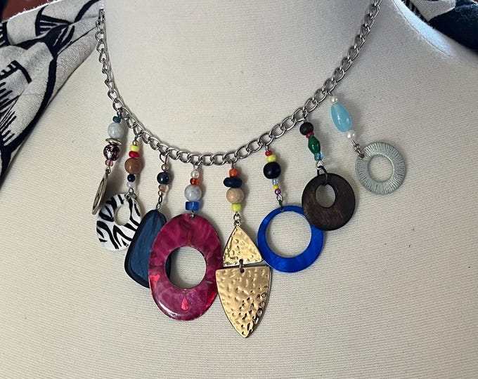 Women’s Handmade Junk Jewelry Necklace, Multiple Upcycled Charm Choker, Repurposed Statement, Multi-Fashion Necklace, Trendsetting Choker