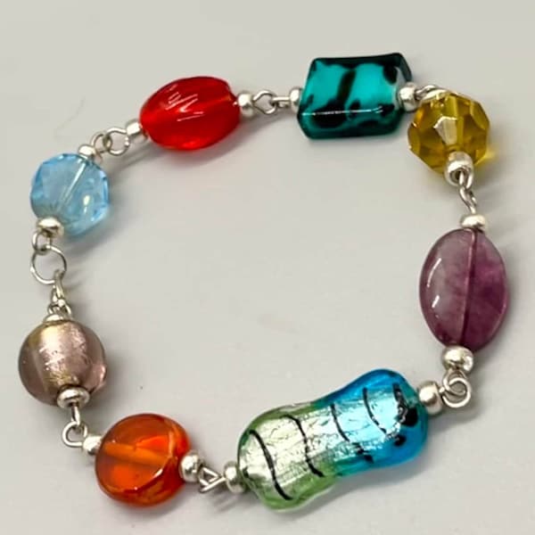 Multicolored Chunky Glass Bead Bracelet, Unique Handmade Wire Linked Wrist Jewelry, Spring-Inspired Bracelet, Casual to Semi-Formal Jewelry