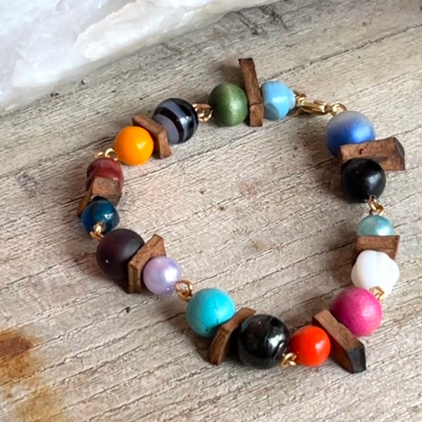 Colorful Boho-Inspired Mixed Medium Bracelet, Fun-to-Wear Four-Seasons Bracelet, Handmade Wood and Multicolored Mixed Medium Bracelet
