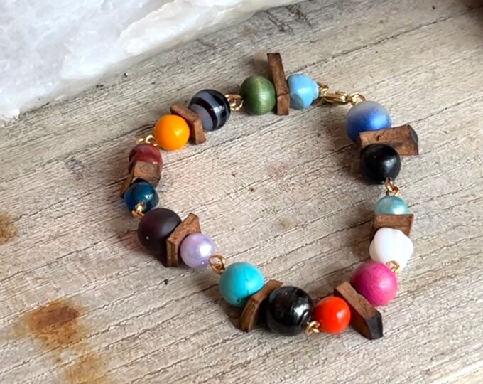 Colorful Boho-Inspired Mixed Medium Bracelet, Fun-to-Wear Four-Seasons Bracelet, Handmade Wood and Multicolored Mixed Medium Bracelet