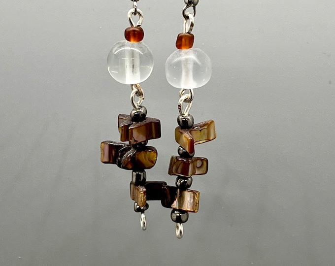 Women’s Unique Handmade Double-Drops, Mixed Medium Earrings, Chunky Amber Shell Dangles, Handmade Bead Double-Drops, Cheap Vacation Jewelry