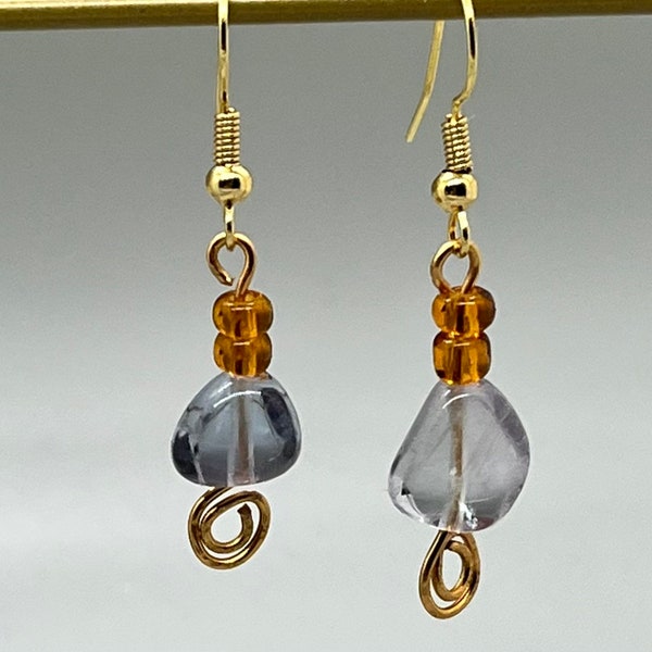 Dainty Gold and Smokey Gray Glass Bead Earrings, Gold Wire Swirl Drops, Small Conservative Drops for Young Girl