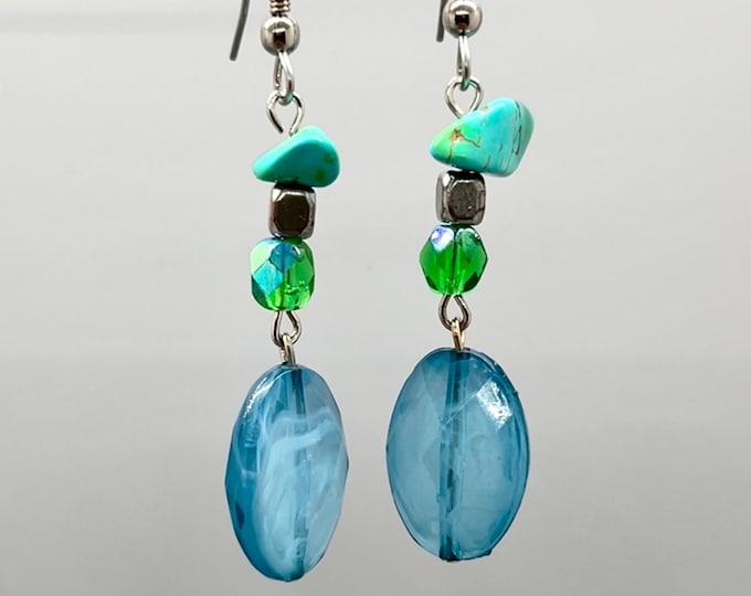 Women’s Colorful Handmade Beaded Dangles, Blue and Green, Mixed-Medium, Unique, Multi-Fashion, Casual or Sophisticated, Cheap Gift