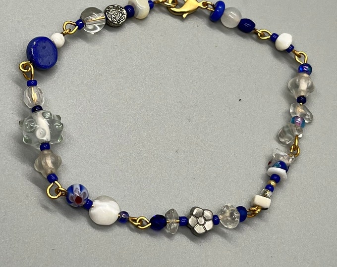 Blue White and Gold Anklet, Simple Monochrome Ankle Bracelet, Minimalist Anklet, Subtle Ankle Bling, Mixed Medium Vacation Jewelry