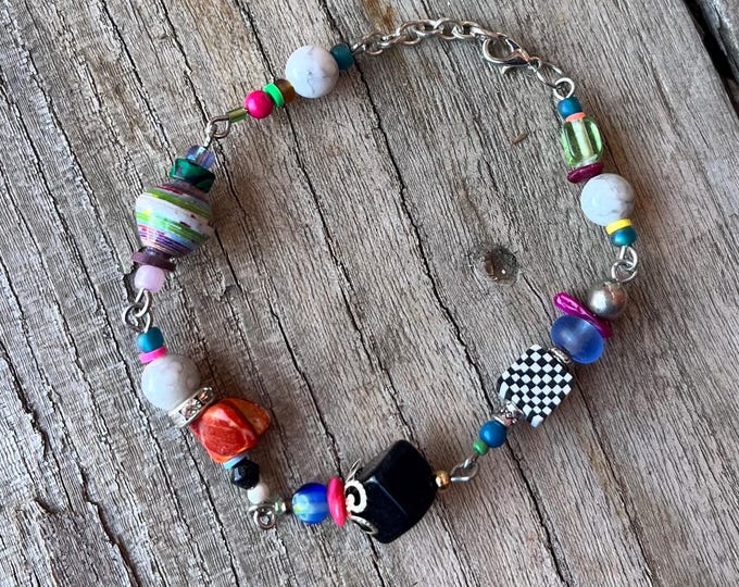 Handmade Wire-Linked Whimsical Beaded Bracelet, Multicolored Mixed Medium Wrist Bling, Unique Wrist Jewelry, Eye-Catching Colorful Bracelet