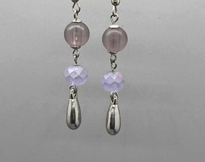Elegant Upcycled Lavender and Silver Dangles,  Triple-Drop Dressy Dangles, Long Handmade Multi-drop Beaded Earrings for Her, Unique Upcycled