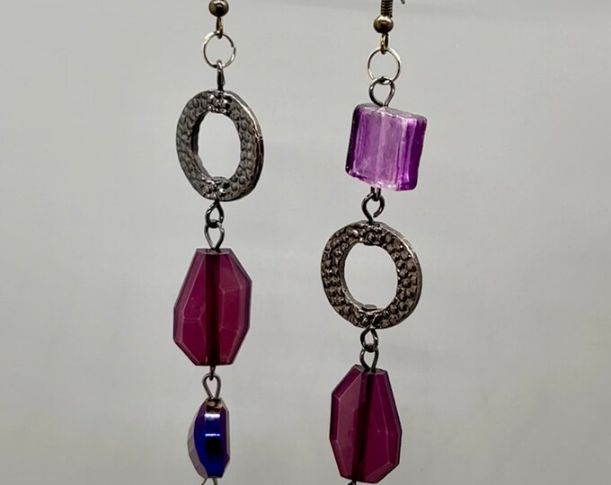 Women’s Unique Long Deep Purple Mismatch Statement Dangles, Majestic Dangles, Gorgeous Prom Earrings, Long Upcycled Dangles, Spring-Inspired