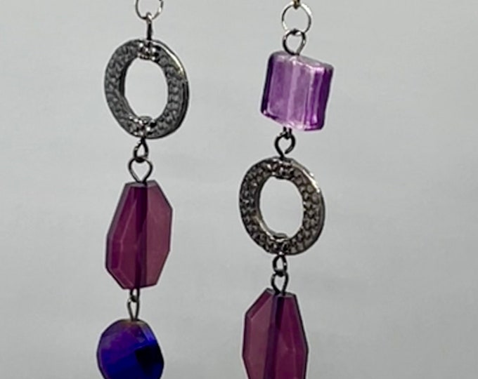 Unique Purple Drop Earrings, Mismatched, Long (Upcycled Statement Jewelry)