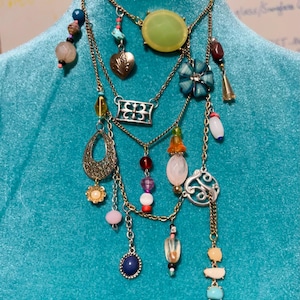 Women’s Handmade Unique Upcycled Cluttercore Multi-Charm Necklace, Colorful Maximalist Junk Necklace, One-of-a-kind Assemblage Multi-Strand