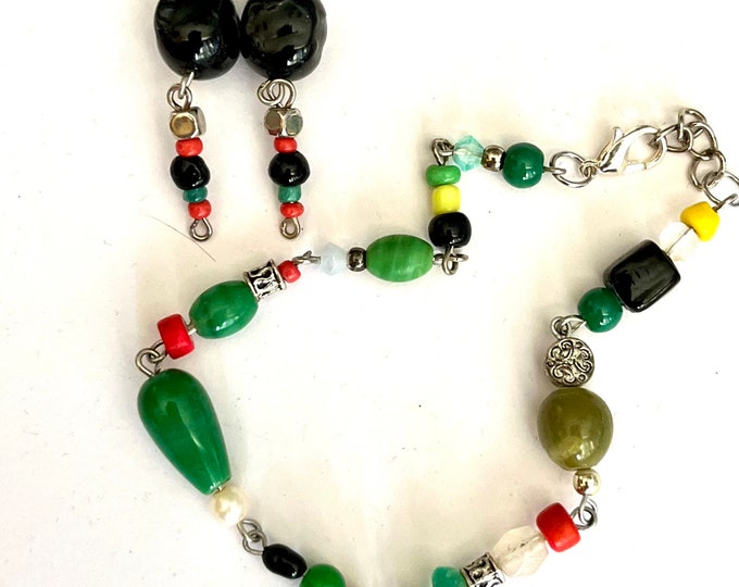 Colorful Handmade Bracelet and Matching Double-Drop Earring Set, Spring-Inspired Jewelry Set, Multicolor Matching Bracelet and Earring Set