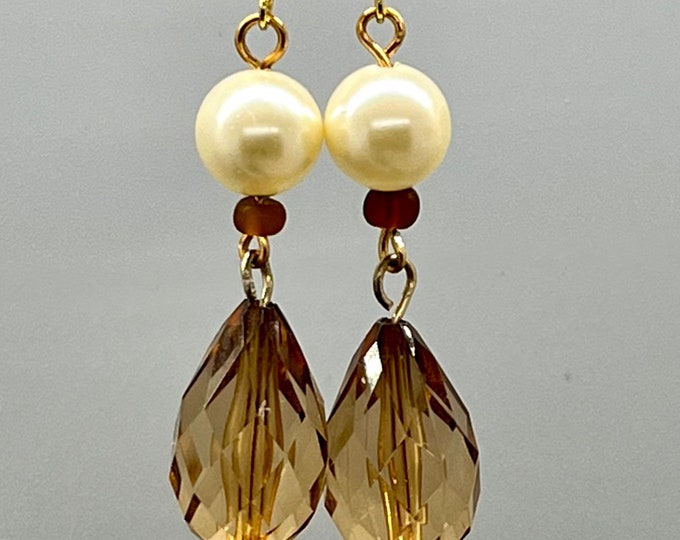 Women’s Elegant Statement Earrings, Neutral Glam Double-Drops, Amber and Pearl, Homecoming and Prom Drops, Big Fashion Drops