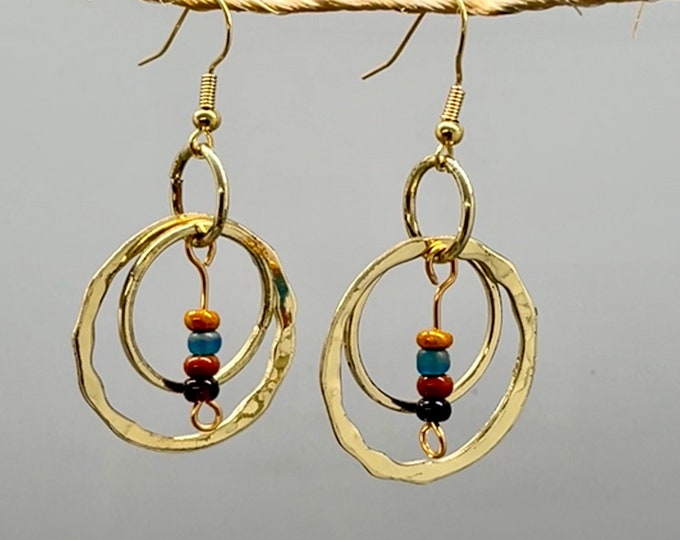 Gold Circle in Circle Dangles with Dainty Handmade Beaded Charms, Colorful Mixed Medium Upcycled, Unique Handmade Earrings, Women’s Fashion