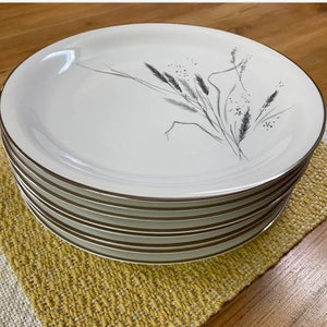 May include: A stack of white ceramic dinner plates with a silver rim and a black and white floral design. The plates are on a yellow and white placemat.