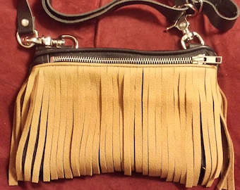 Black leather w/ Tan Fringe Fanny Pack/ Booty Bag with strap