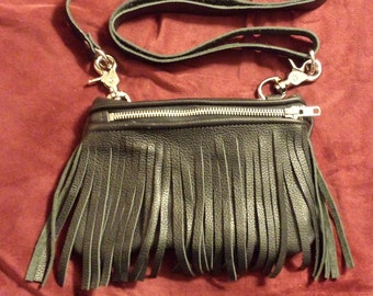 Black leather w/ black Fringe Fanny Pack/ Booty Bag  with strap