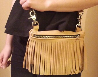 Tan Leather w/ saddle tan Fringe Fanny Pack/ Booty Bag  with strap