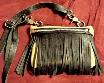 Tan leather w/ Black Fringe Fanny Pack/ Booty Bag with strap
