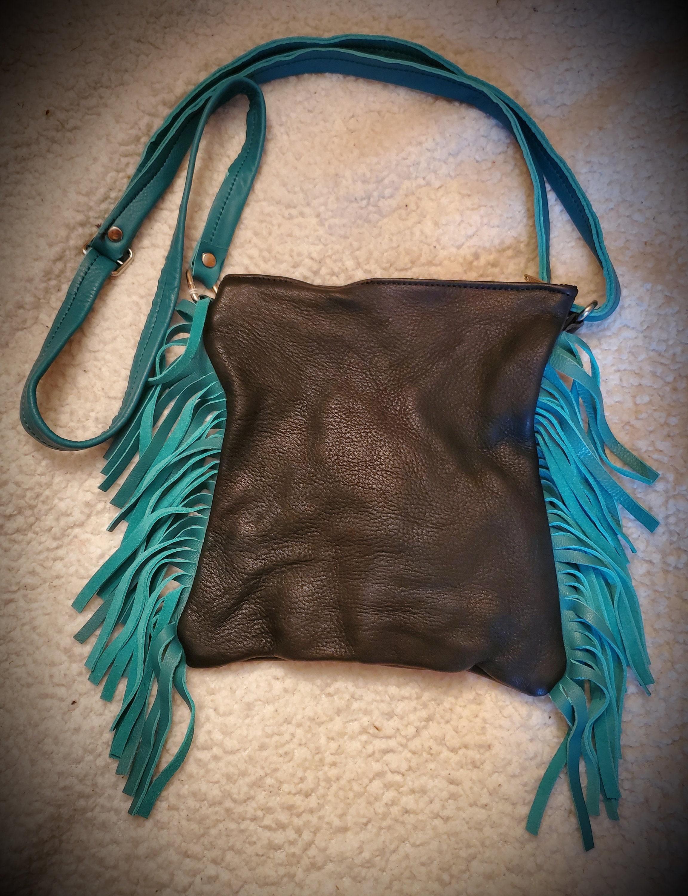 Turquoise Charm Western Cowhide Leather Fringe Design Crossbody