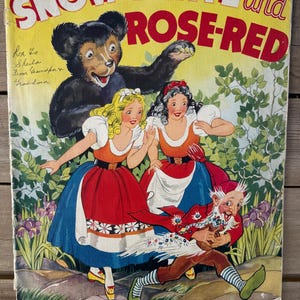Old 1930s Snow White Rose Red Vibrant Colors Children’s Antique Illustrated Primitive Story Book Paper Goods Scrapbook Supplies