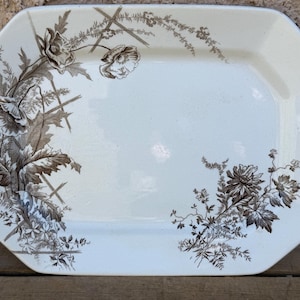 Antique Burgess Leigh Burslem Poppy Pattern Rectangular Serving Platter Dish Plate Brown Transferware Aesthetic Movement Victorian Stoneware