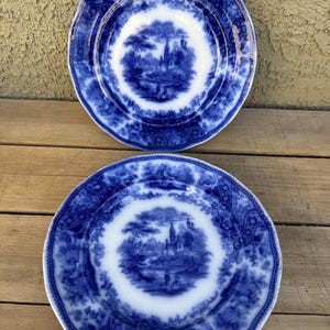 Rare Pair of Victorian Antique 7 5/8” Plates Flow Blue White Transferware Old English Ironstone Collectible Middleport Pottery England