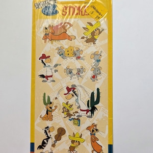 May include: A sheet of Cartoon Network stickers featuring various cartoon characters in cowboy attire. The stickers are on a yellow background with the words "Cartoon Network" and "Stickers" printed on the packaging. The stickers include a cat, dog, horse, and mice.