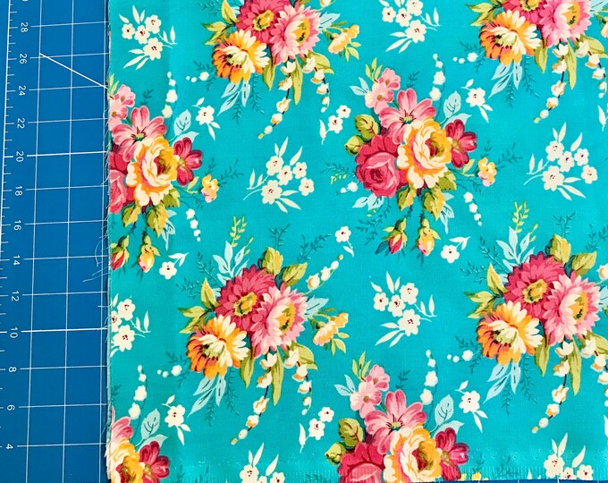1/2 Yard Roses Fabric, Turquoise Pink Orange Cotton Quilting Sewing ...