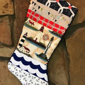 Lighthouse Patchwork Christmas Stocking, Nautical Sailboats Anchors Navy Unique Gifts