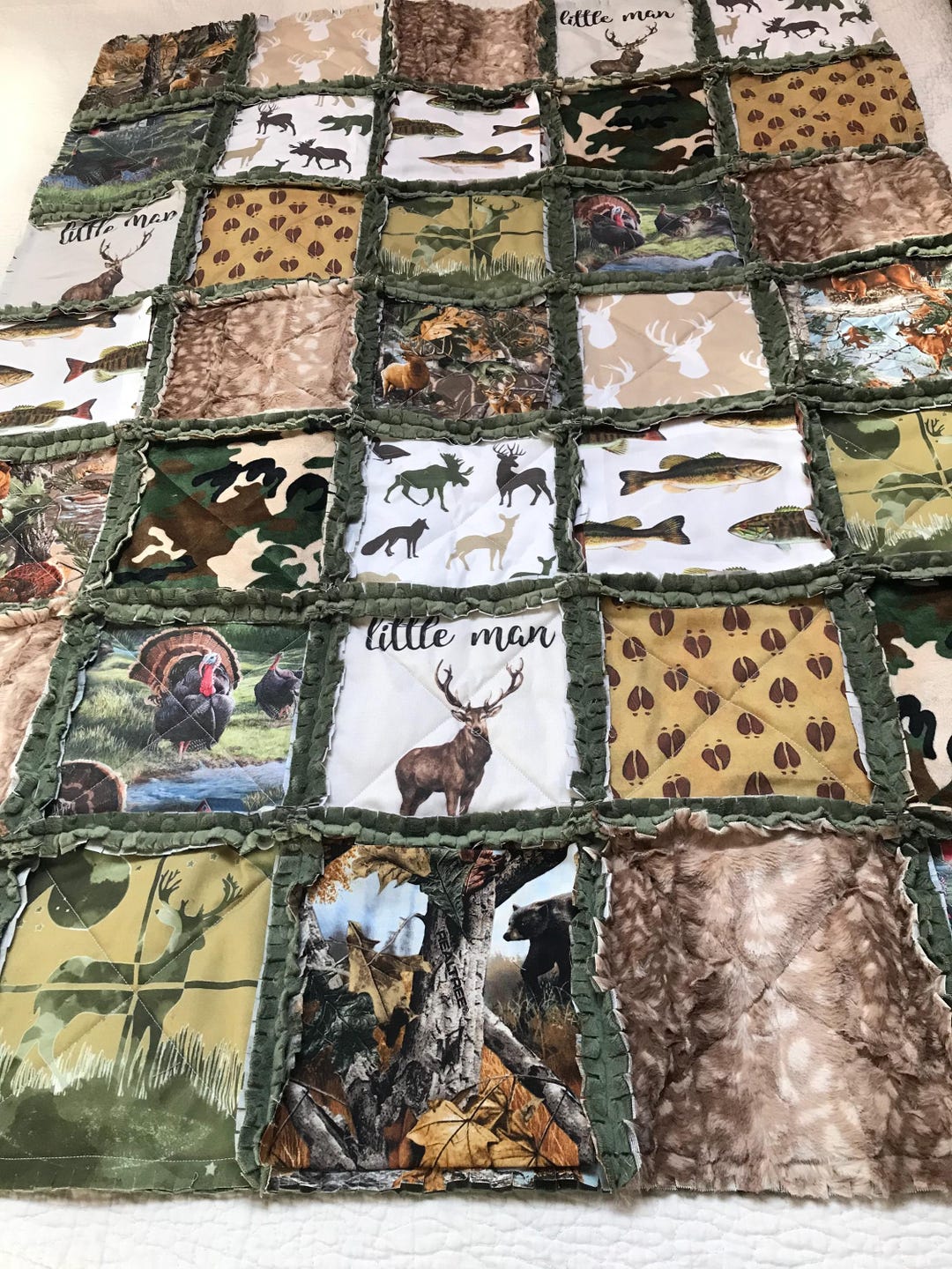 Woodland Animals Crib Rag Quilt: Deer, Bear, Turkey, Fish Hunting ...