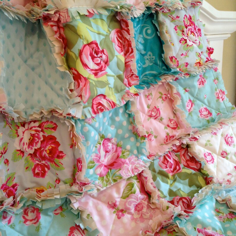 Turquoise Roses Baby Quilt Shabby Roses Baby Girl Crib Bedding Blue Red Baby Rag Quilt Baby Quilt Baby Girl Crib Rag Quilt Pink Aqua