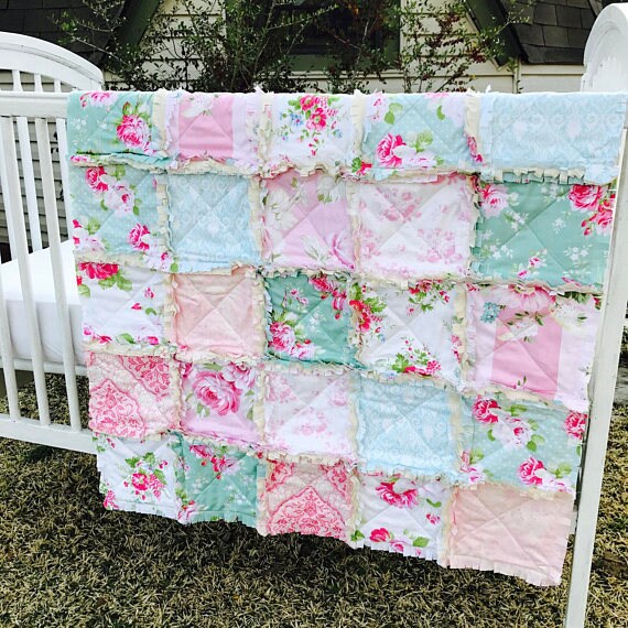 Baby Girl Crib Rag Quilt, Pink Roses Shabby Cottage Pink Blue Jade Green Pink Red Roses Crib Bedding Baby Quilt Nursery Floral