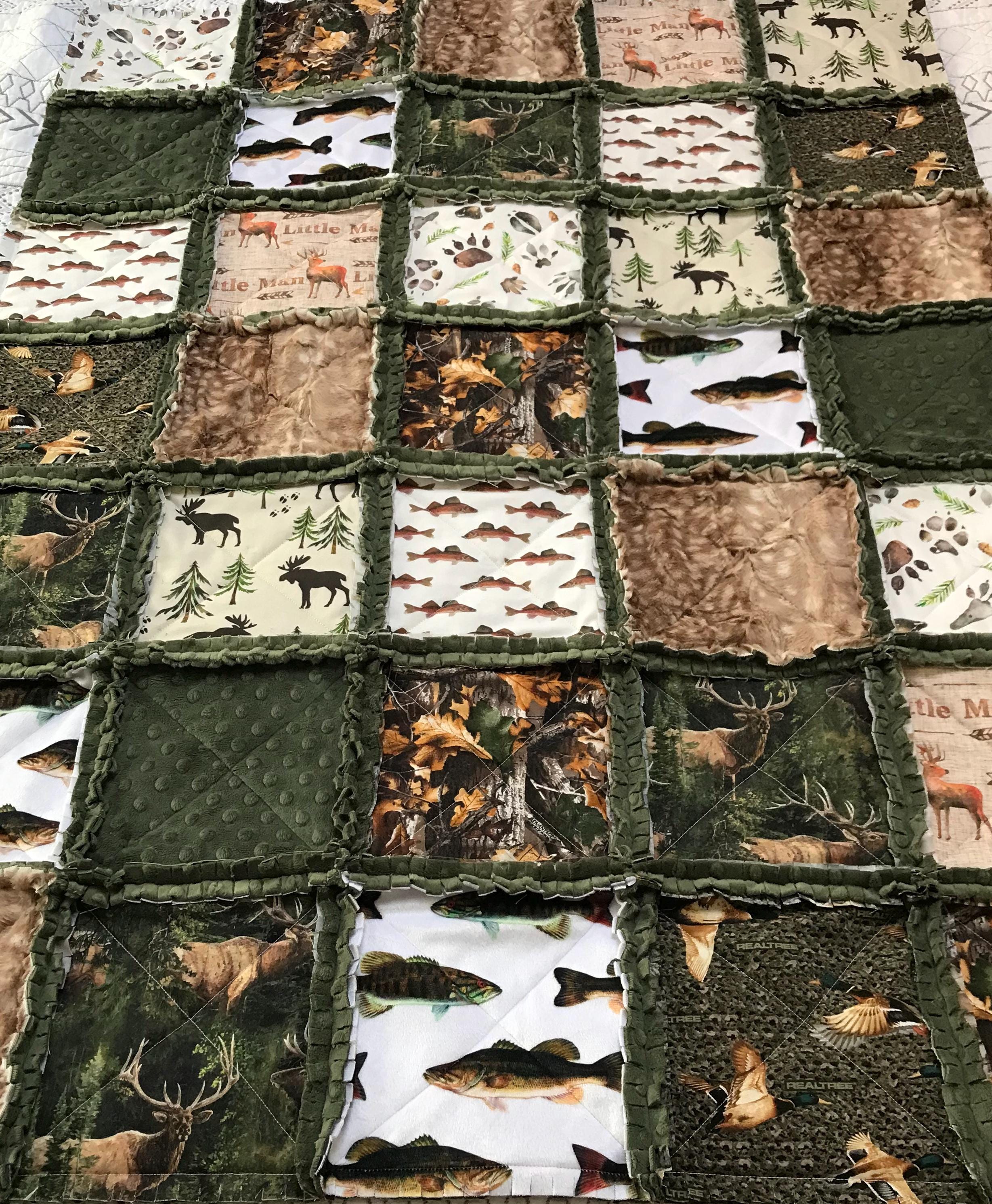 Fish Rag Quilt Handmade Woodland Crib Rag Quilt: Hunting Fishing Theme, Hunter Green ...