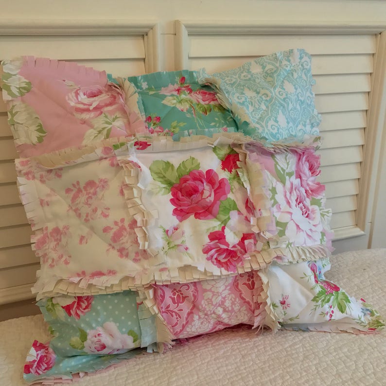 Crib Rag Quilt Style Pillow Cover Roses Pink Blue Aqua Baby Etsy