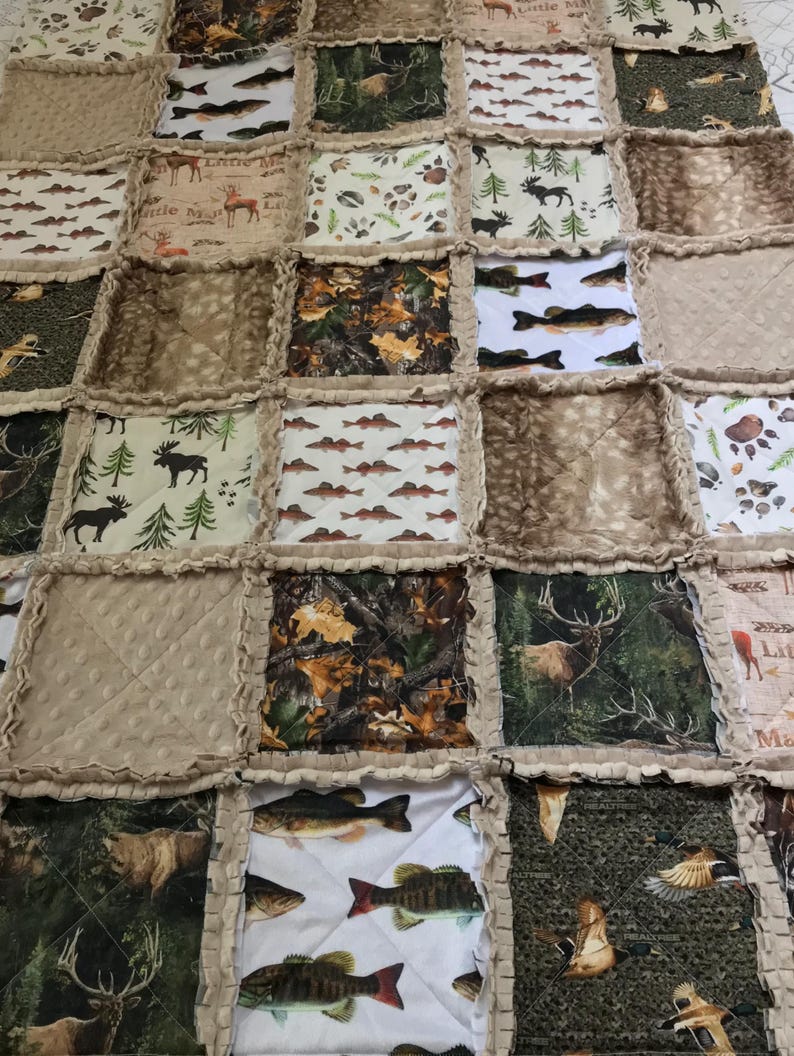 Fish Rag Quilt Handmade Hunting Woodland Crib Rag Quilt: Fishing Theme, Hunter Green ...