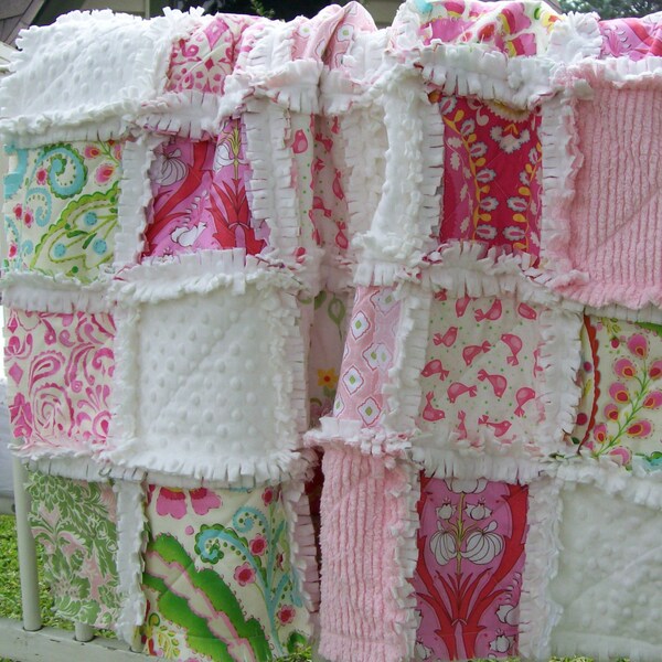 Custom Order for Laurie,  2 Kumari Garden Crib Rag Quilts Pink All White Minky Back Green Coral Baby Bedding Gift  Photo Prop Amy Butler