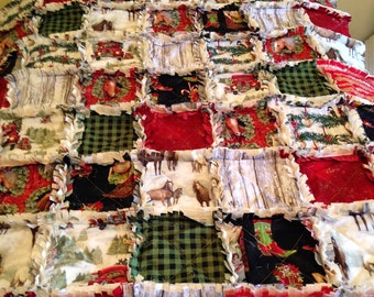 Rustic Christmas Rag Quilt: Red Truck, Horses, Cottage Decor Green Black Western Boots
