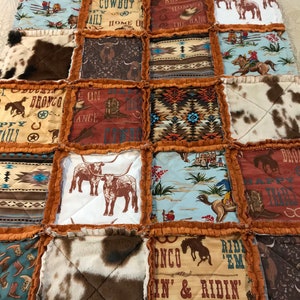Cowboy Baby Rag Quilt, Longhorns Bucking Broncos Highland Cows Horses Aztec Rust Blue CottageDome Boots Western Blue Red