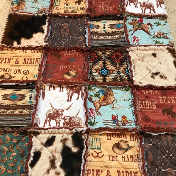 Cowboy Rag Quilt, Longhorns Bucking Broncos Highland Cows Horses Aztec Rust Blue CottageDome Boots Western Blue Red