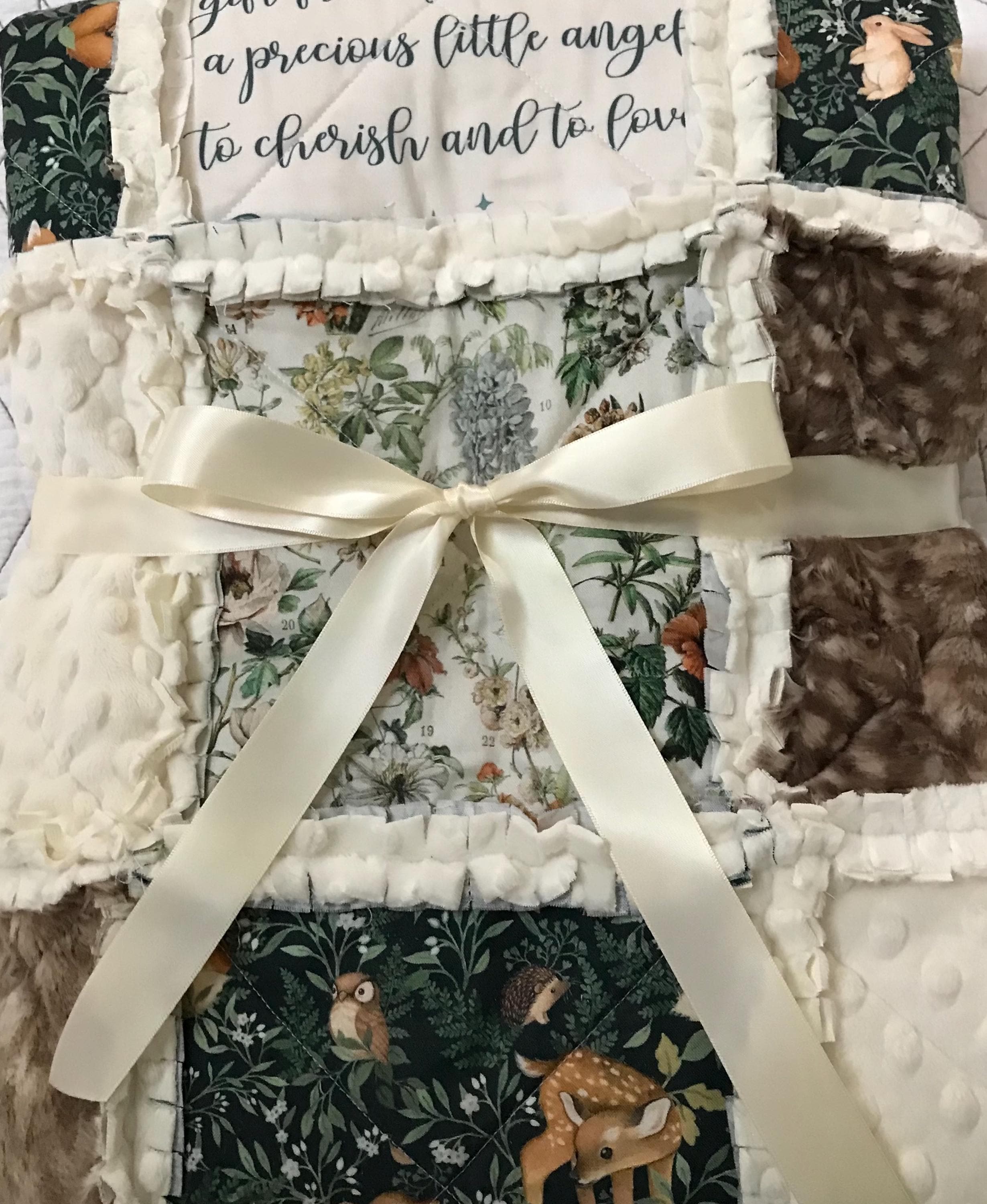 Woodland Crib Rag Quilt: Fawn, Fox, Hedgehog, Owl, Rabbit - Teal, Apricot, Orange