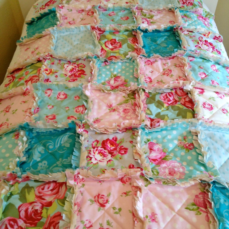 Turquoise Roses Baby Quilt Shabby Roses Baby Girl Crib Bedding Blue Red Baby Rag Quilt Baby Quilt Baby Girl Crib Rag Quilt Pink Aqua