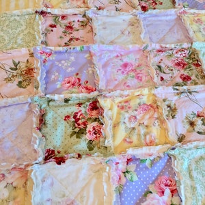 Crib Rag Quilt, Pink Lavender Purple Yellow Roses Shabby Baby Bedding Nursery